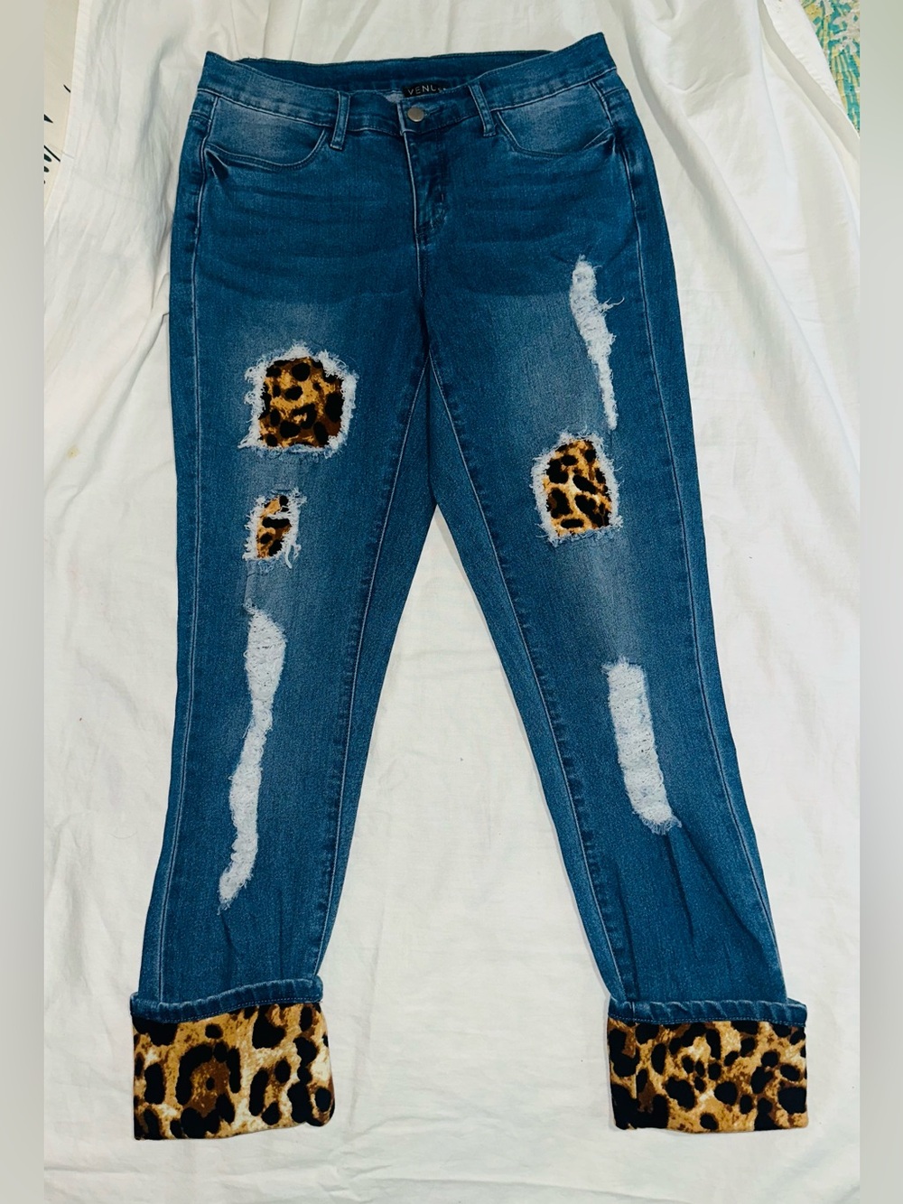 VENUS Dark Blue Skinny Jeans with Leopard Trim